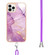 Electroplating Marble Pattern IMD TPU Shockproof Case with Neck Lanyard for iPhone 13 Pro - Purple 001