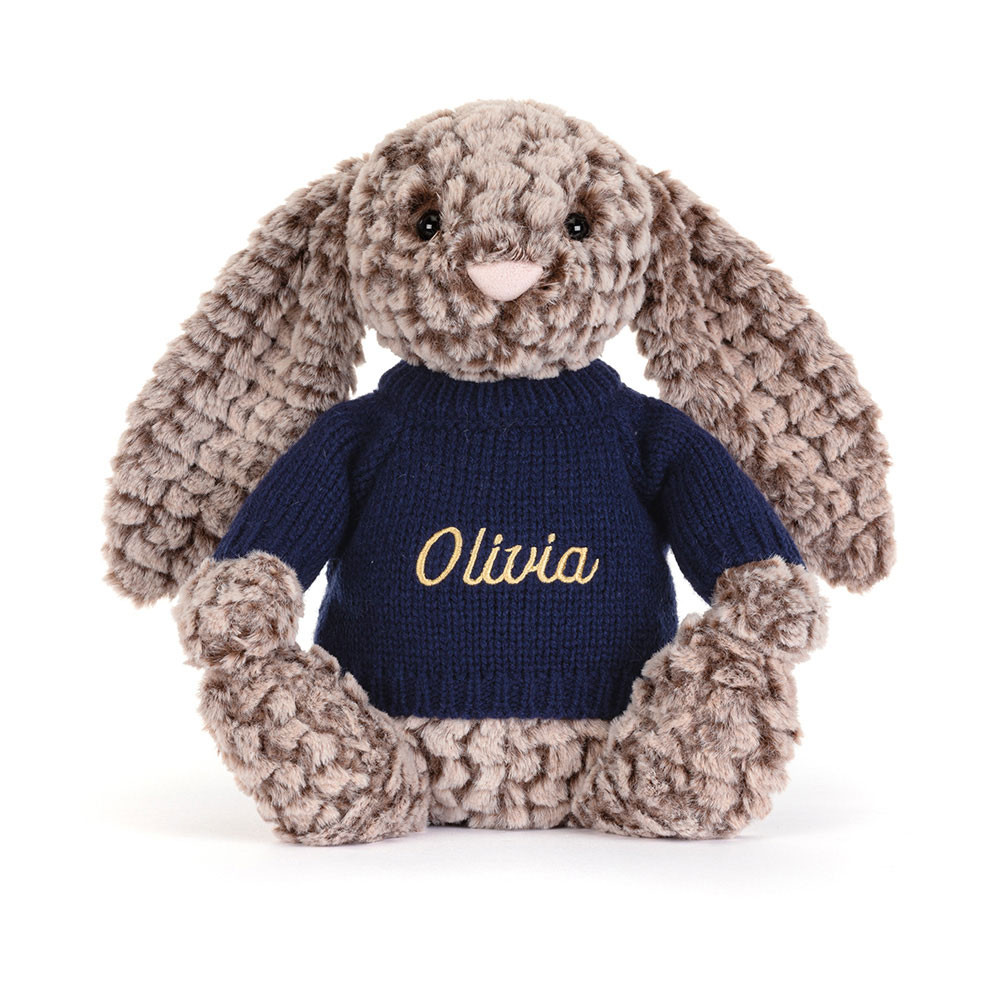 Bashful Luxe Bunny Pine with Personalised Navy Jumper, View 4
