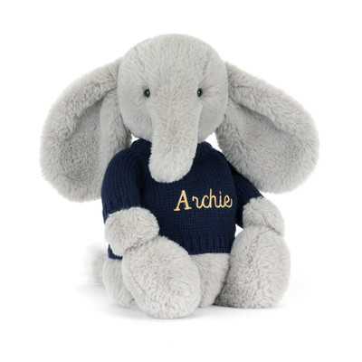 Bashful Luxe Elephant Thuddeus with Personalised Navy Jumper, Main View