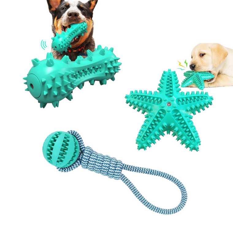 Dog Squeaky Toothbrush & Cotton Rope Ball Dog Toys - 3 Pack
