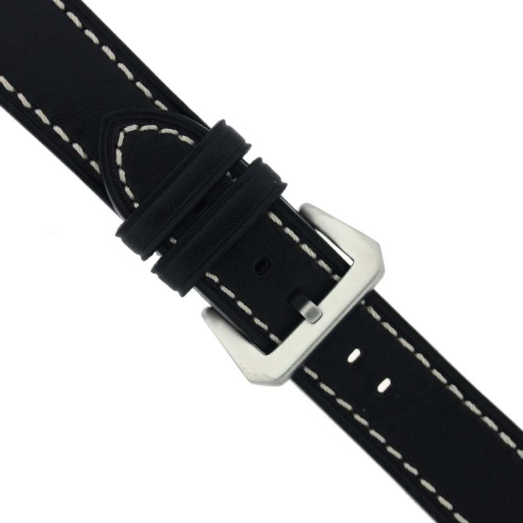Watch Band Leather Black White Stitching Heavy Buckle LEA492 | Back