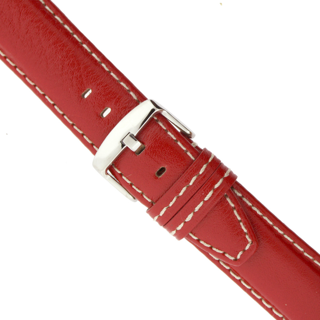 Watch Band Red Leather White Contrast Stitching Extra Loop Connection