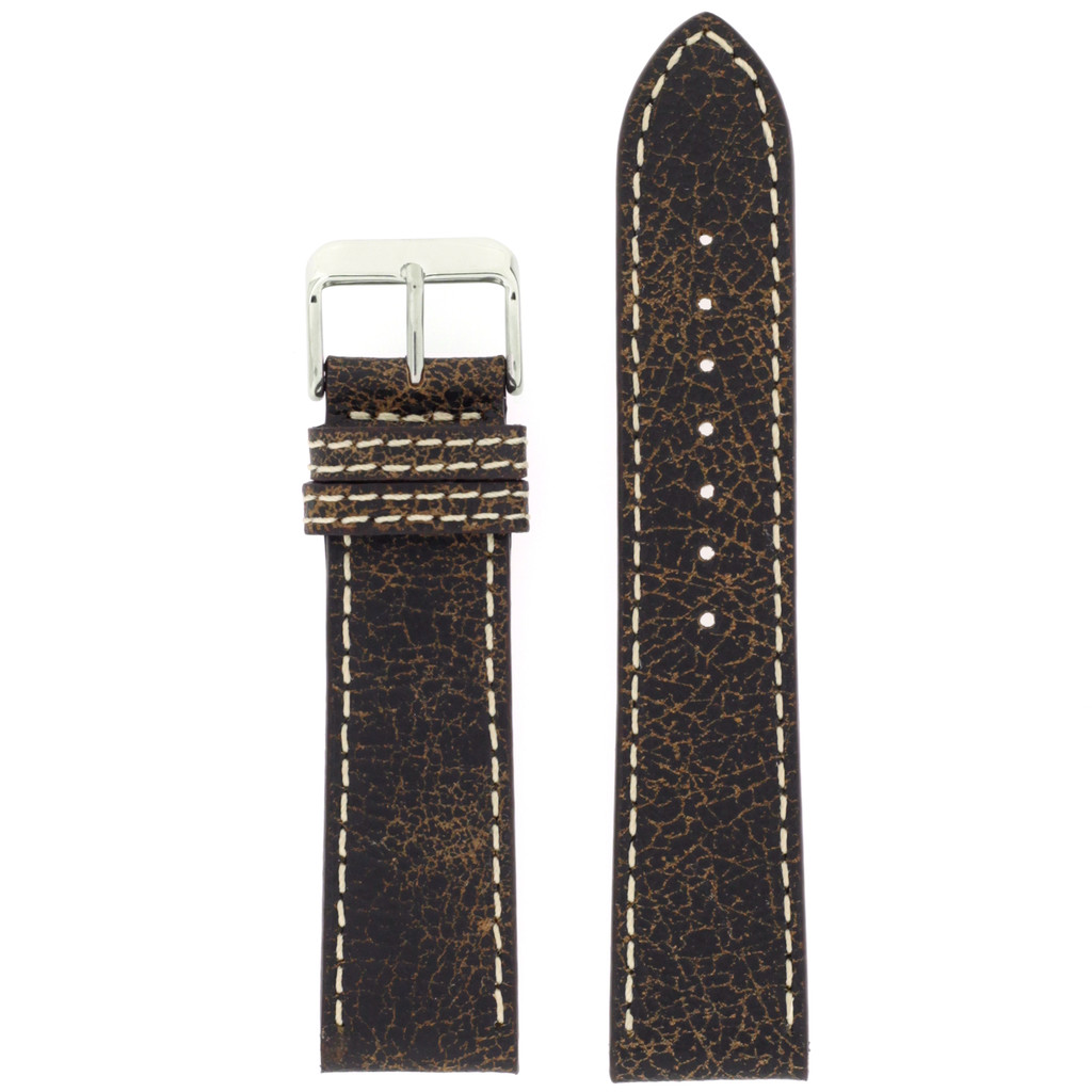 Watch Band Leather Distressed Dark Brown White Stitching Heavy Buckle LEA442| TechSwiss | Front