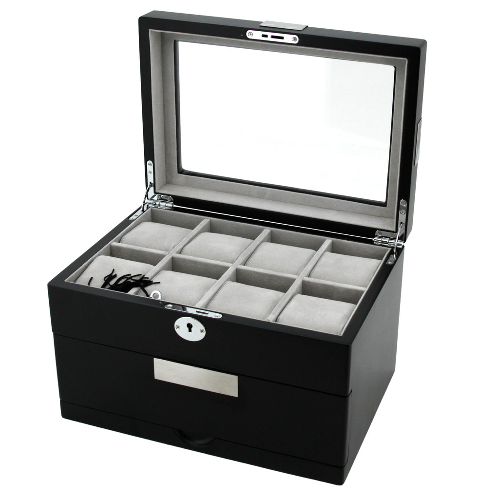 Black Watch Box - Store up to 16 boxes - Black with Metal Tabs - Main