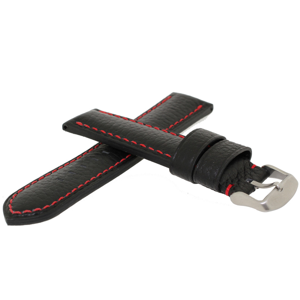 Padded Black Leather Watch Band with Red Stitching Long 20mm -24mm