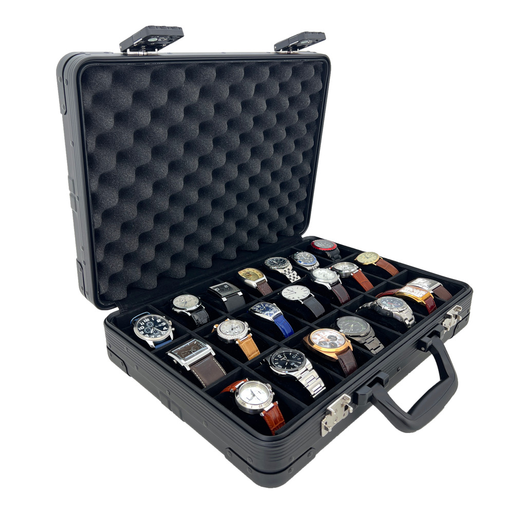 Watch Box Aluminum 21 Slots Extra Large Briefcase Black TSA Lock Executive