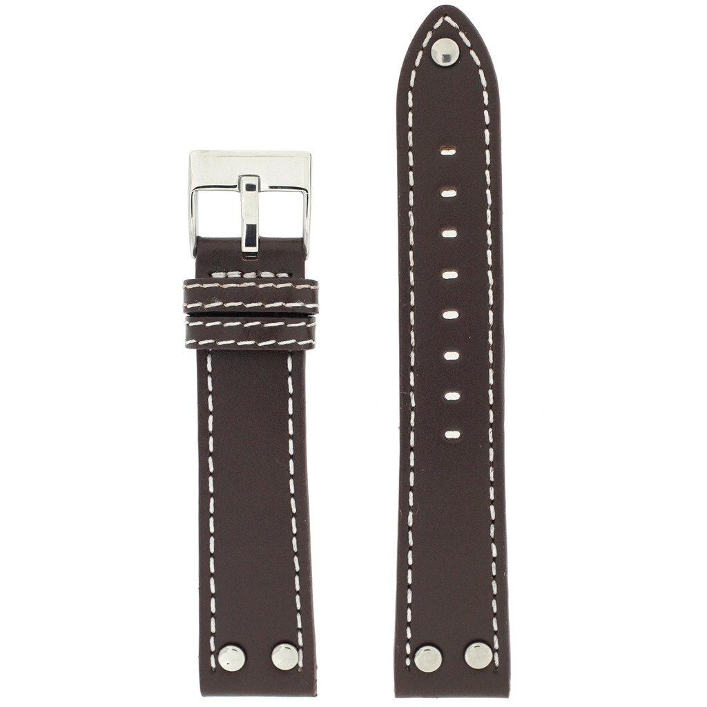 Leather Pilot Style Watch Band Brown White Stitching with Tabs 20mm - 24mm