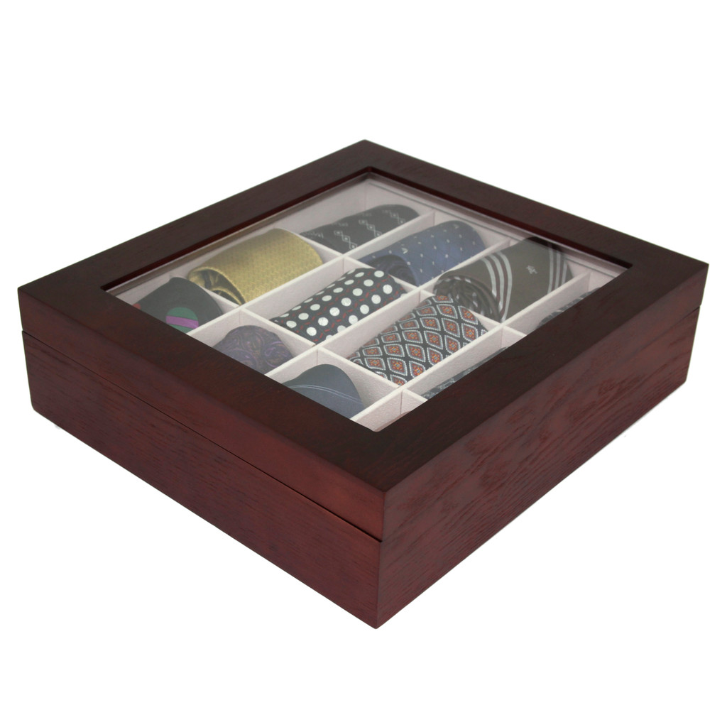 Cherry Wood Tie Box | Tie Display Case TechSwiss TIEBOX1 | Cherry Tie Case | Wood Tie Organizer | DI
