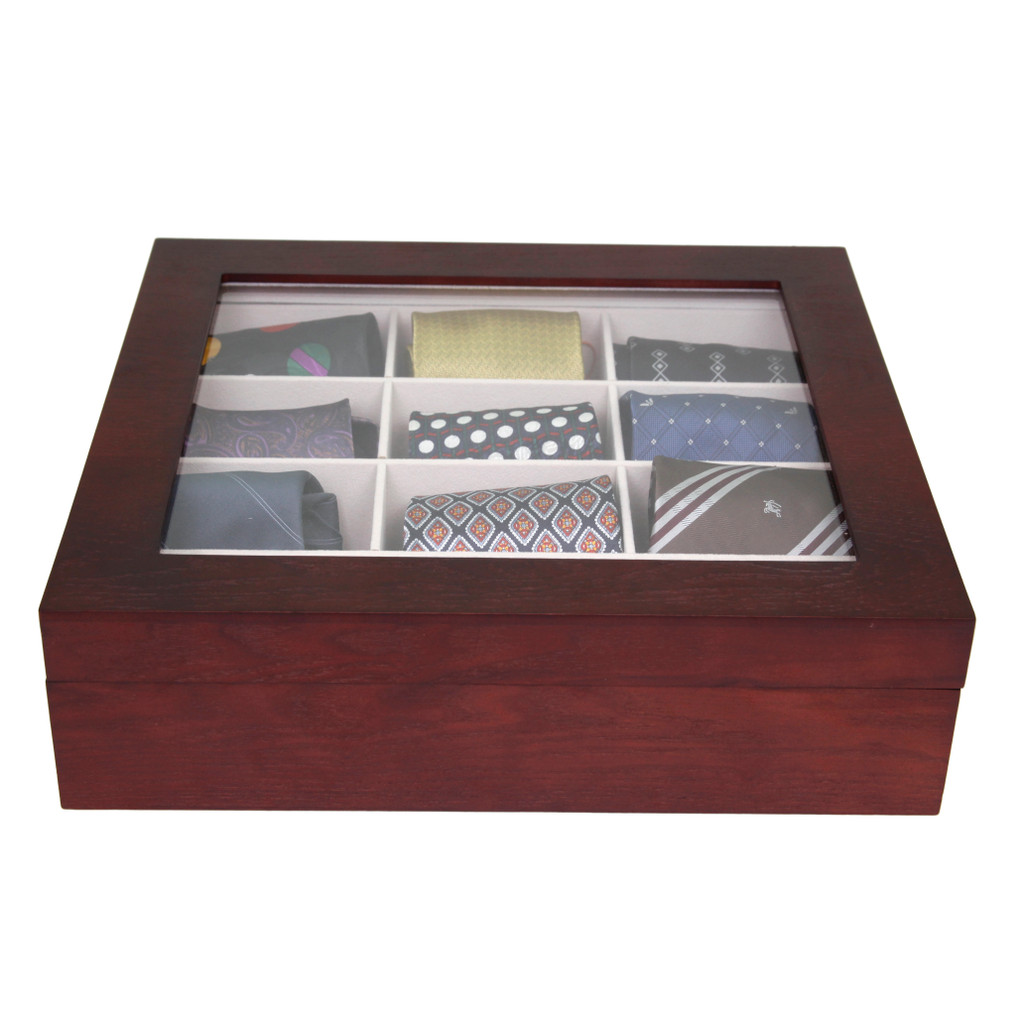 Cherry Wood Tie Box | Tie Display Case TechSwiss TIEBOX1 | Cherry Tie Case | Wood Tie Organizer | Front CLOSED WITH TIES