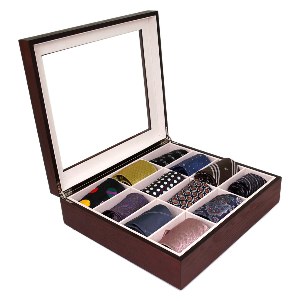 Cherry Wood Tie Box | Tie Display Case TechSwiss TIEBOX1 | Cherry Tie Case | Wood Tie Organizer | Front Side open