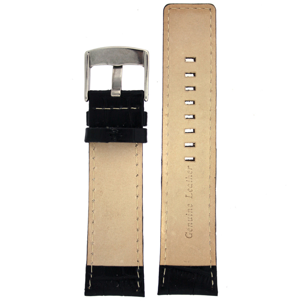 Watch Band Leather Black Sport White Stitching Crocodile Grain 18mm - 28mm