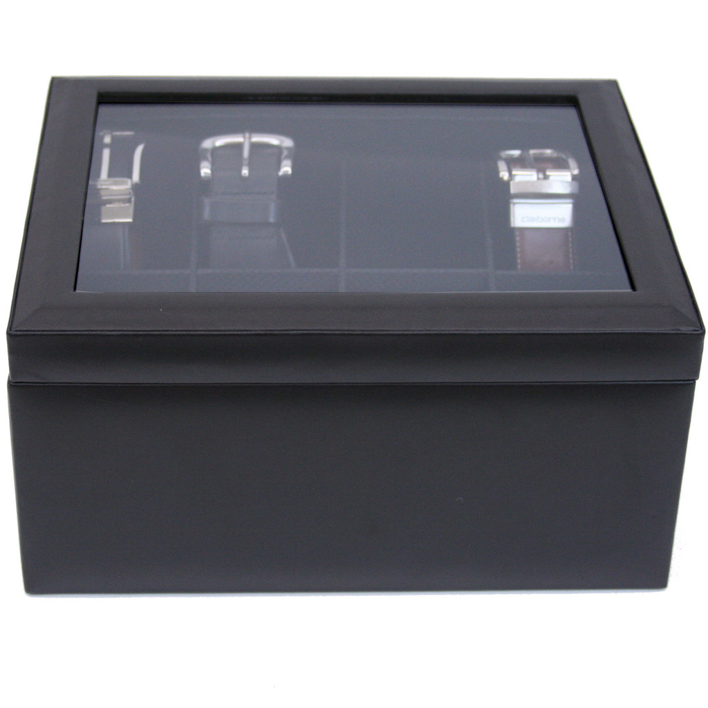 Mens Black Leather Belt Box & Organizer | TechSwiss TS6202BLK | Front View