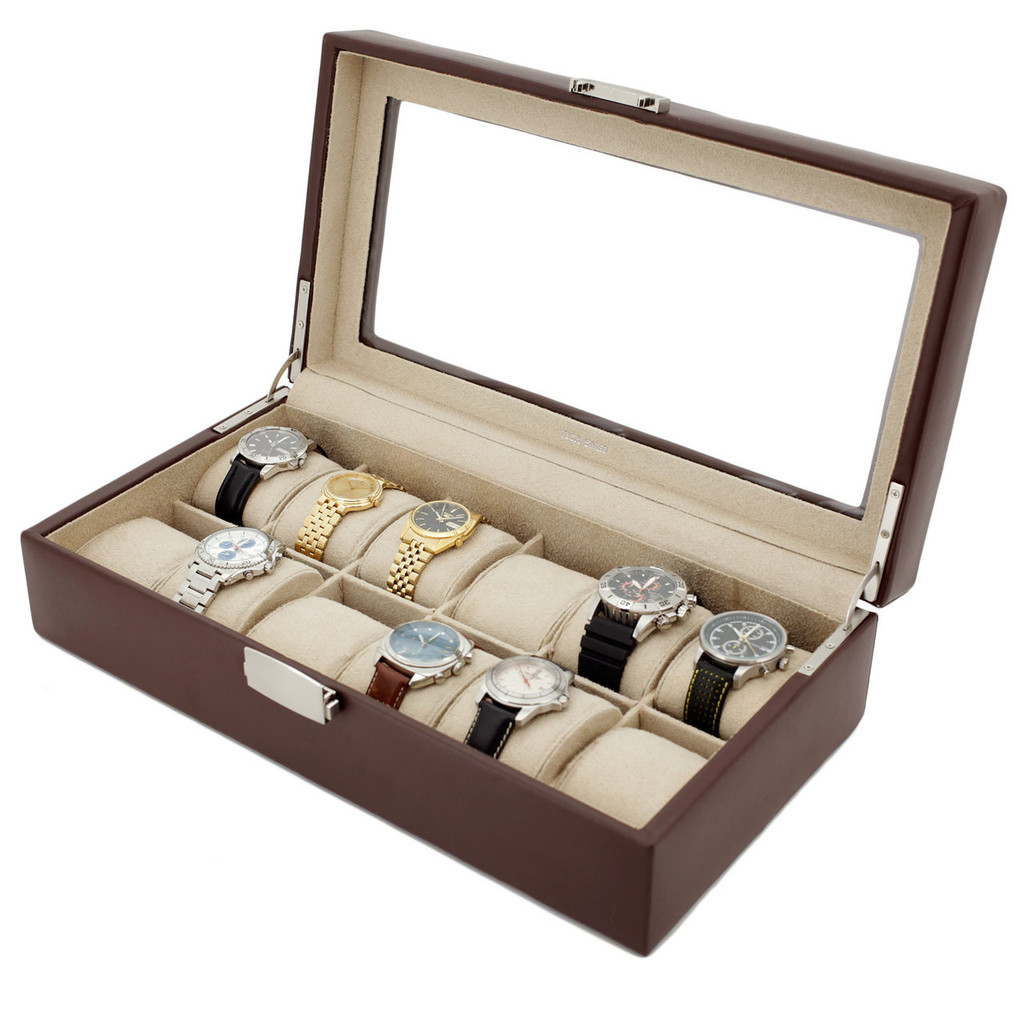 12 Slot Leather Brown Watch Box Large XL 60mm Wide Watches Display Window | Main