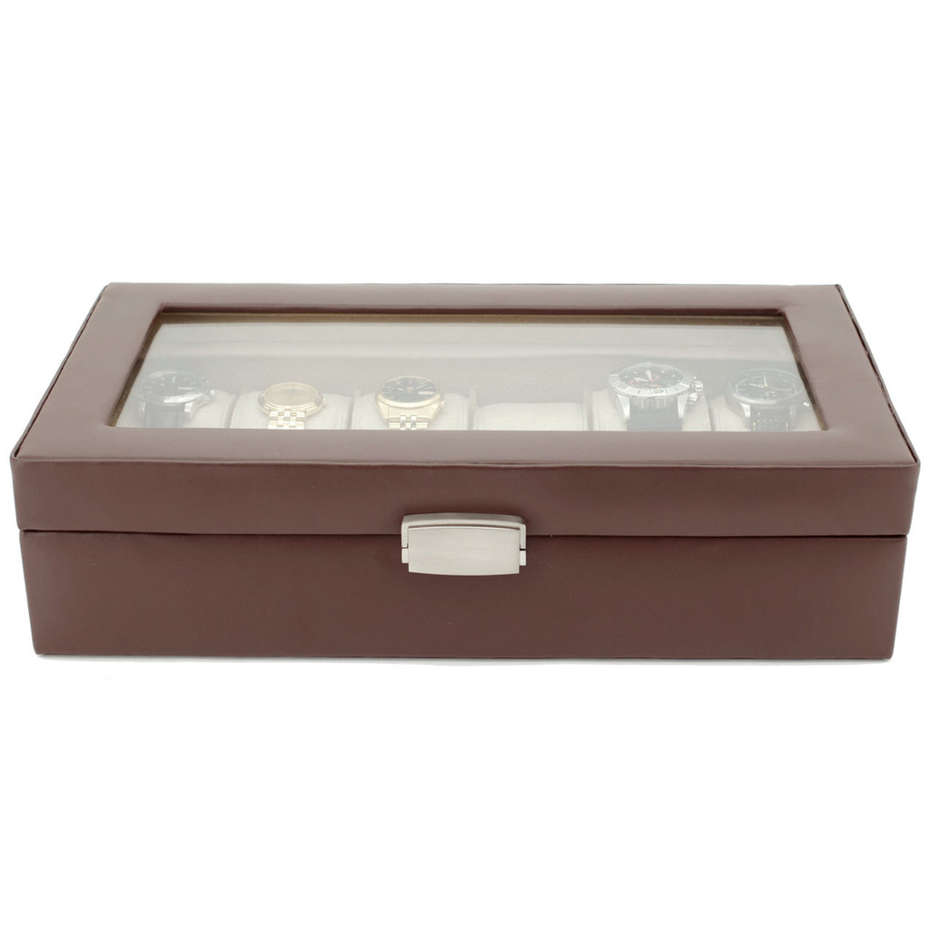 12 Slot Leather Brown Watch Box Large XL 65mm Wide Watches Display Window | Front