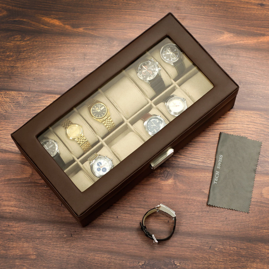 12 Slot Leather Brown Watch Box Large XL 60mm Wide Watches Display Window | Catalog