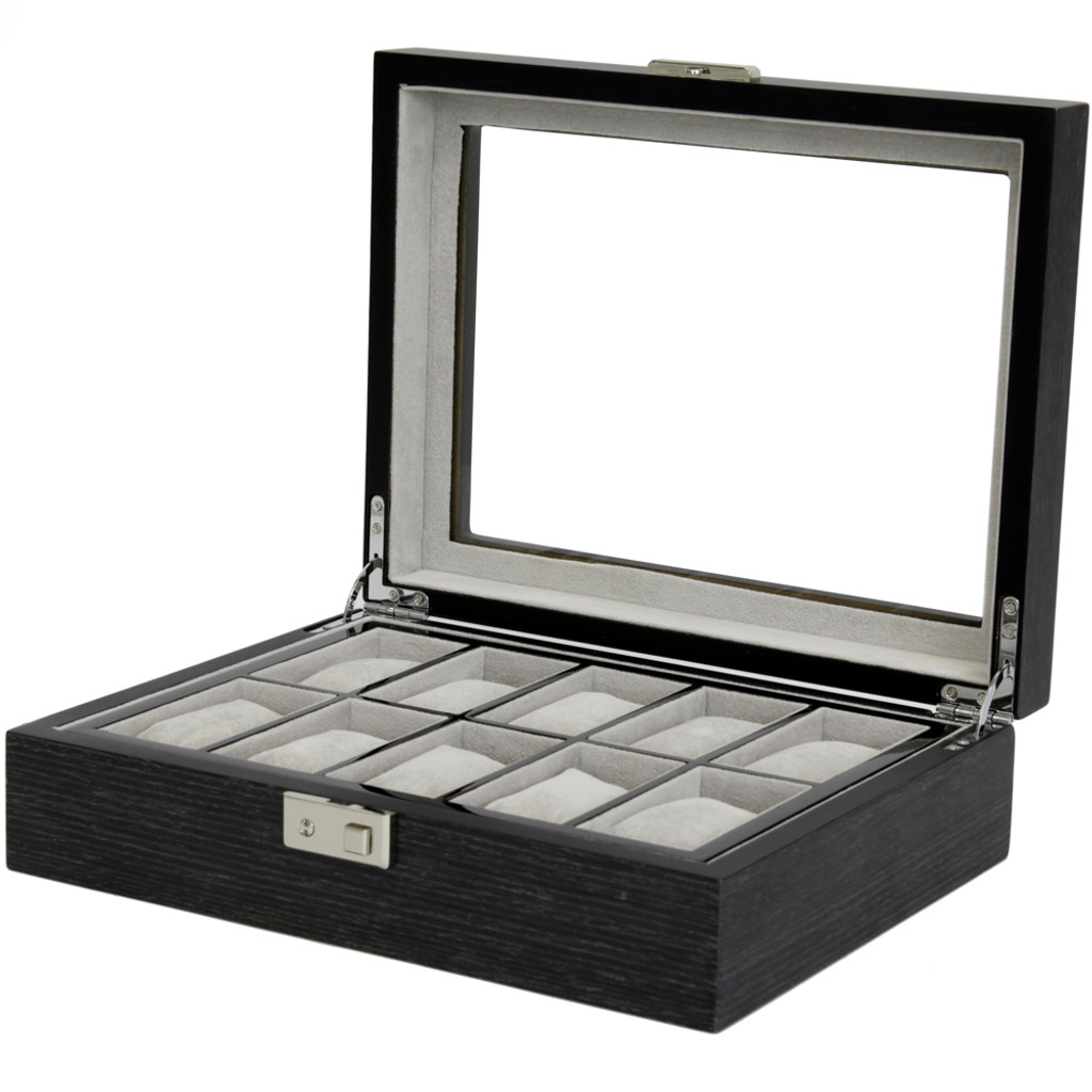 Grey 10 Watch Box With Window & Removable Tray TSBOX10100GREY Front angle Open