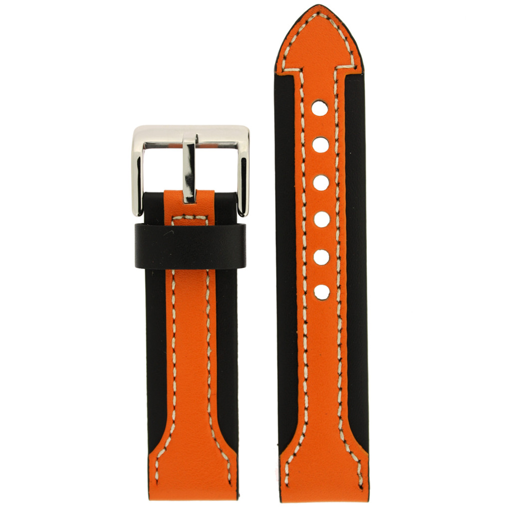 Durable Leather Contrast Watch Band in Black & Orange LEA600 | TechSwiss | Front