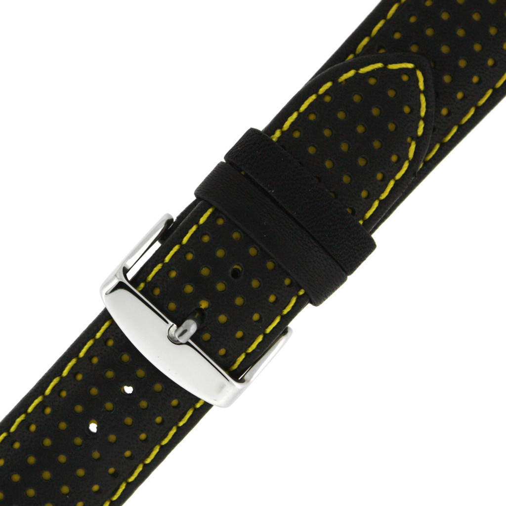 Thick Leather Watch Band in Black & Yellow LEA608 | TechSwiss | Buckle