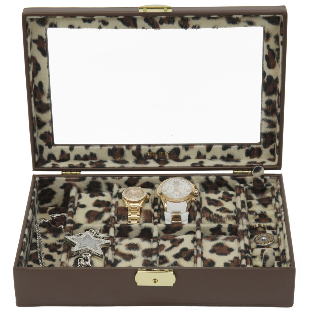 Ladies Leather Jewelry Box with Animal Print | TechSwiss TS2800BRN | Open Front