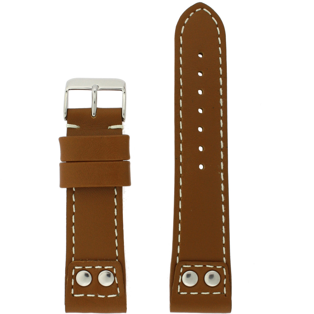 Watch Band Tan Brown Pilot Style Strap White Stitching Metal Tabs Mens 20mm 24mm