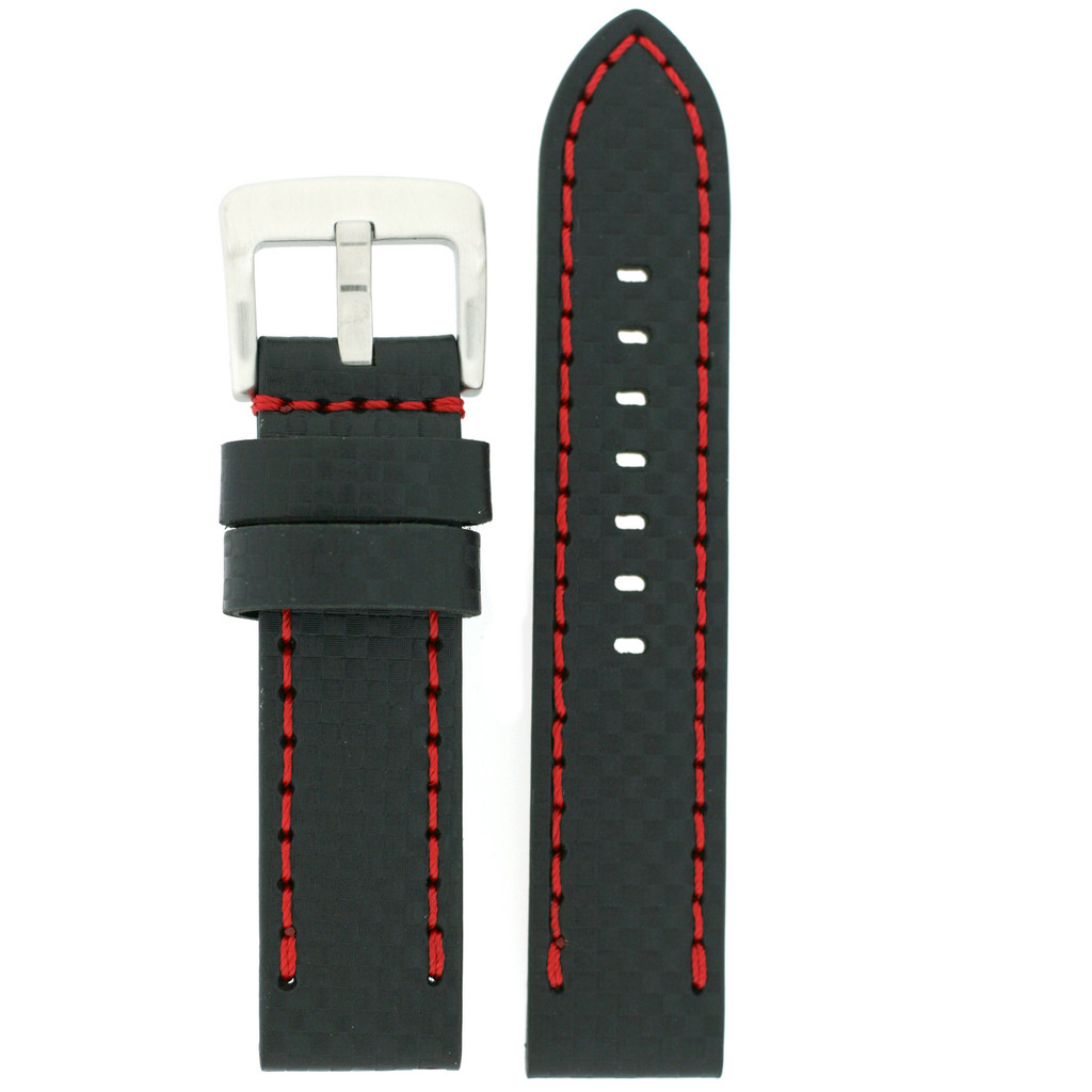 Watch Band Carbon Fiber Leather Black Red Stitching Heavy Buckle 22mm 24mm