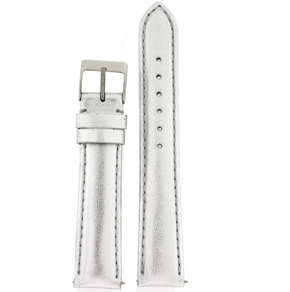 Watch Band Ladies Silver Metallic Leather Padded Built-In Spring Bars | LEA370 | Front