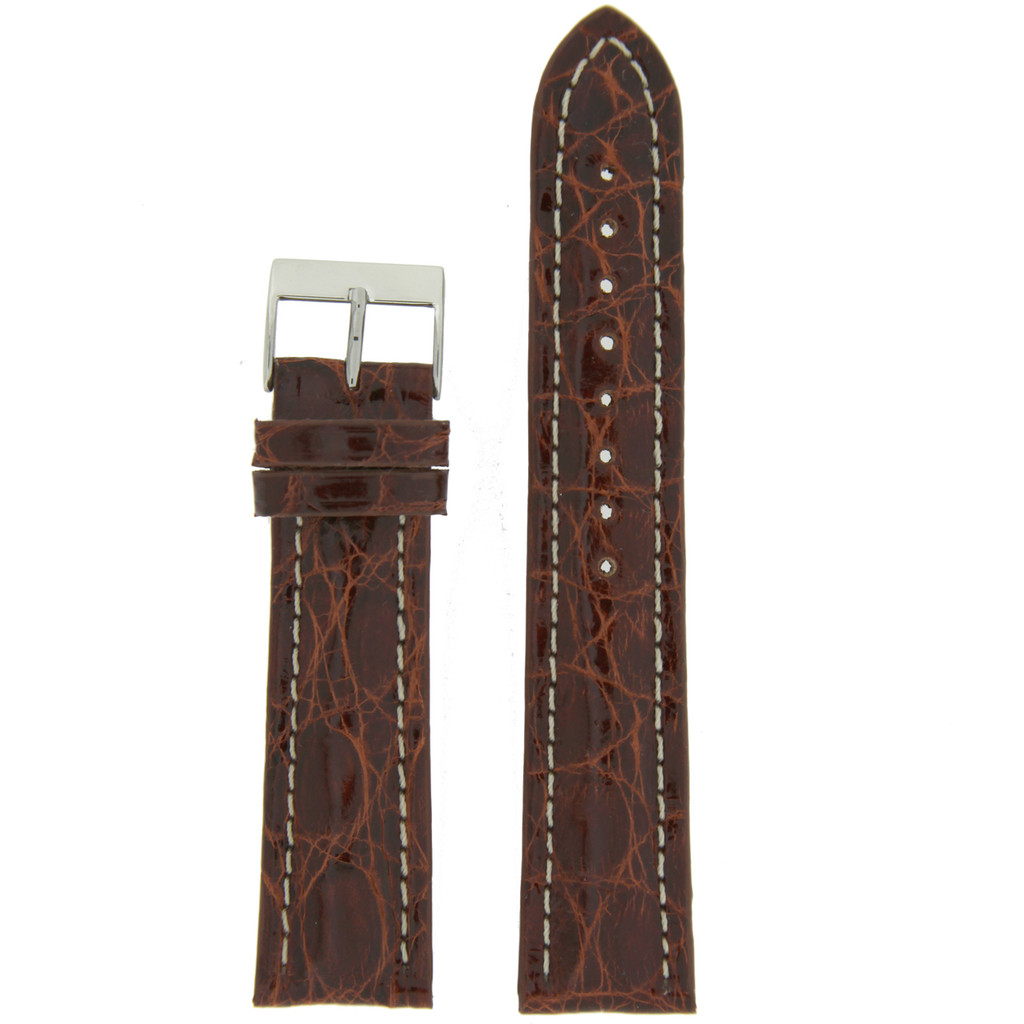 Watch Band Genuine Crocodile Chestnut Brown Thick Padded White Stitched Mens 18mm 20mm 22mm