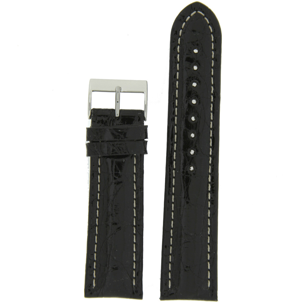 Watch Band Genuine Crocodile Black Padded White Stitched 18mm 20mm 22mm