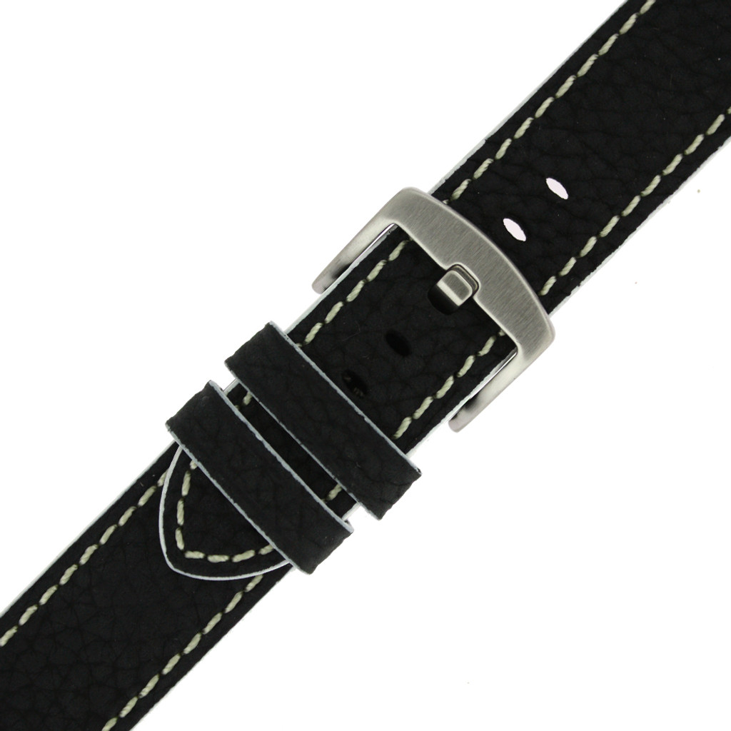 Long Black Leather Watch Band with White Topstitching | Durable Sport Long Leather Watch Straps  | TechSwiss LEA1366) | Stainless Steel Buckle