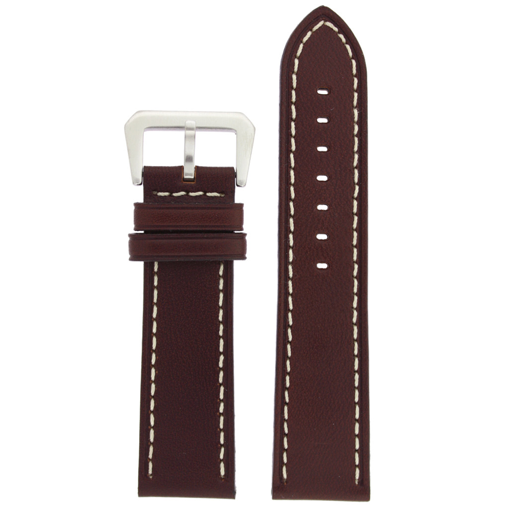 Watch Band Brown White Stitching Heavy Buckle LEA493 | Front