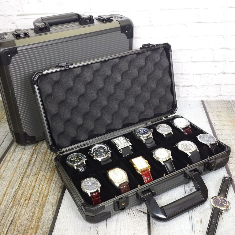 Aluminum Gunmetal Travel Case for 12 Watches Watch Box Tech Swiss