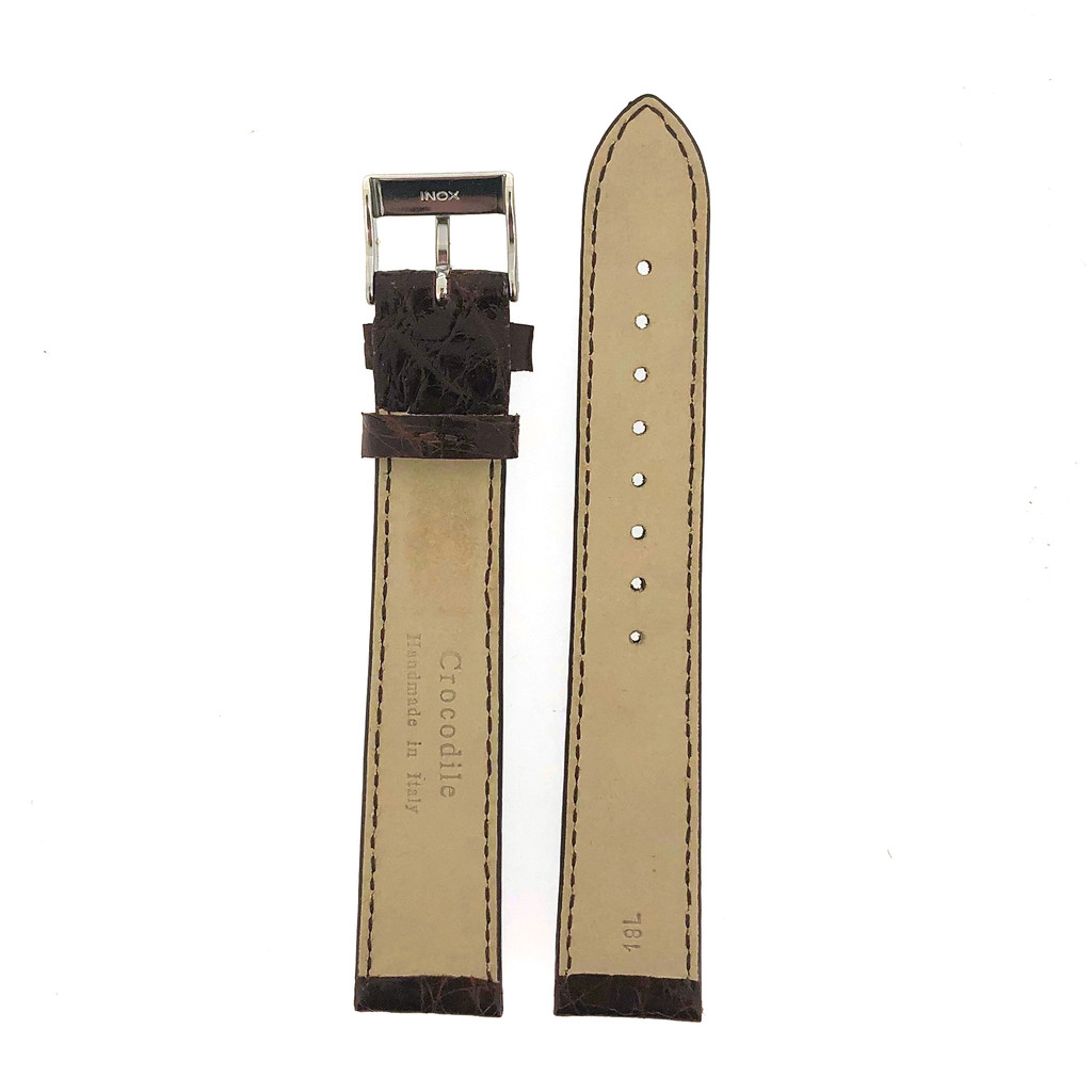 Long Crocodile Genuine Watch Band Dark Brown Padded Stitched