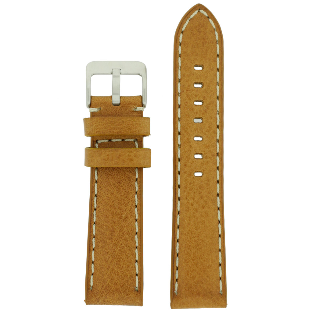 Leather Watch Band Thick Leather Tan White Stitching Heavy Buckle LEA444 | TechSwiss | Front