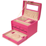 Pink Leather Large Jewelry Box with Rhinestone Buckle and Travel Case