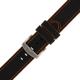 Long Black Leather Watch Band with Orange Topstitching | Durable Sport Long Leather Watch Straps  | TechSwiss LEA1368) | Buckle