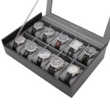 10 Slot Carbon Fiber Leather Watch Box Window Display Case Open Full