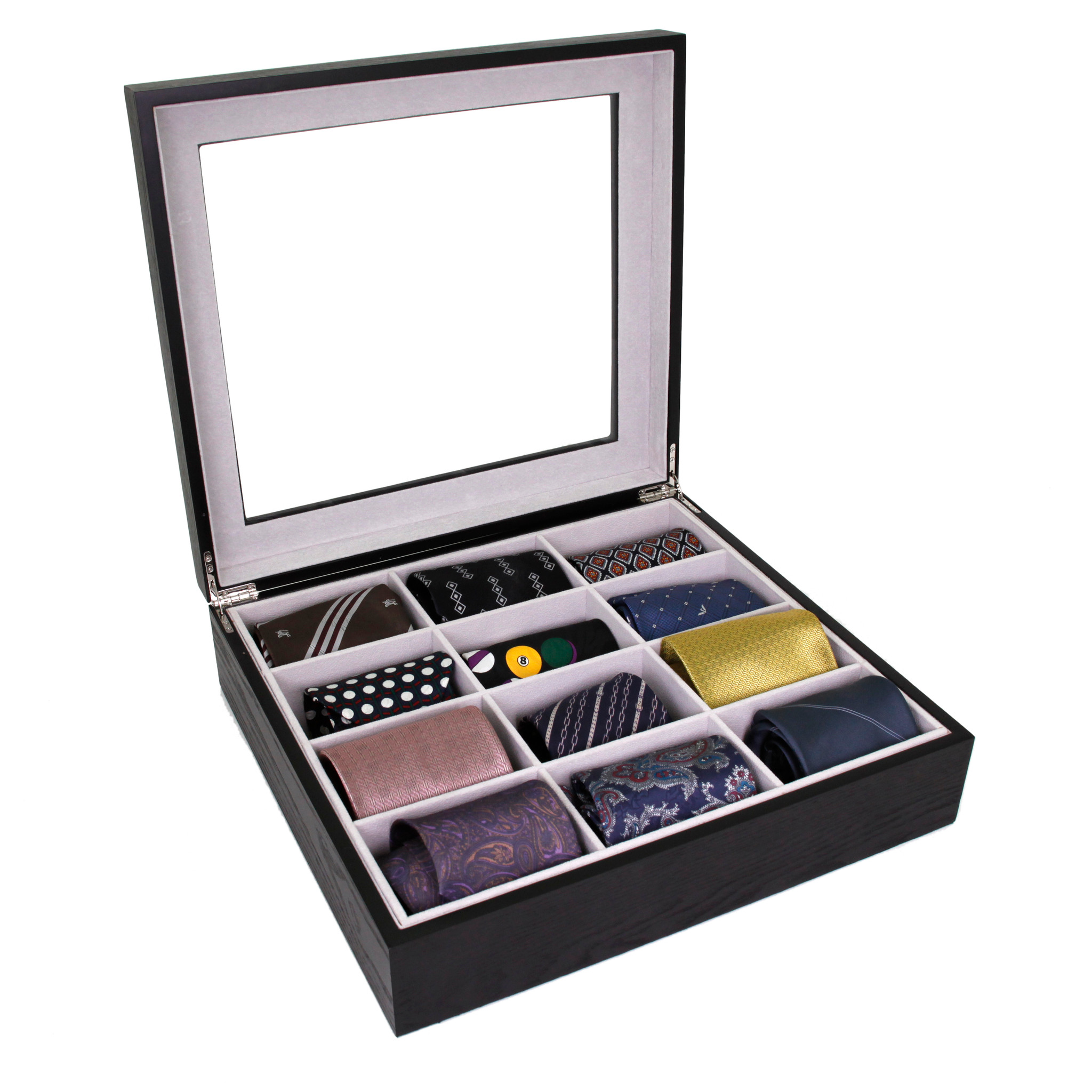 Tie Box Storage Case Organizer in Wood Glass Lid Valet - 12 Compartments