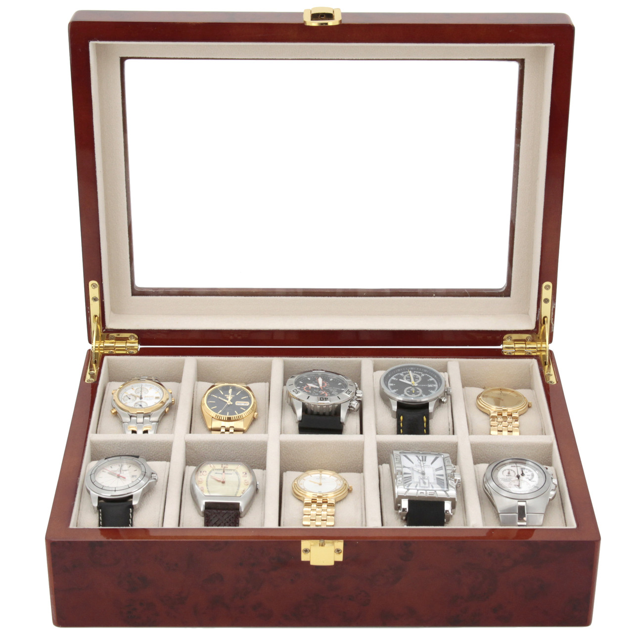 Burlwood Finish 10 Watch With Window Wood Watch Case TechSwiss