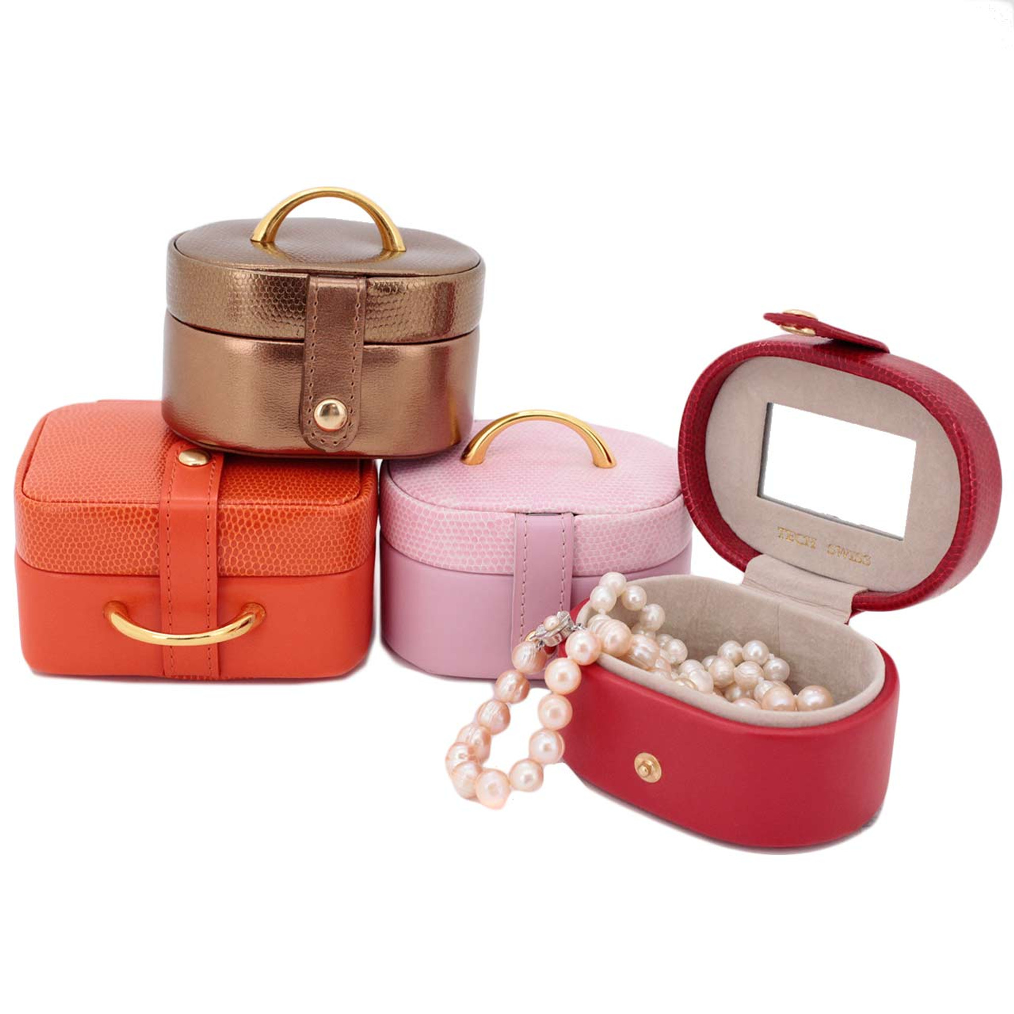 Mini Jewelry Box Set in Pink Red Orange & Bronze Leather Gift Cases  TechSwiss