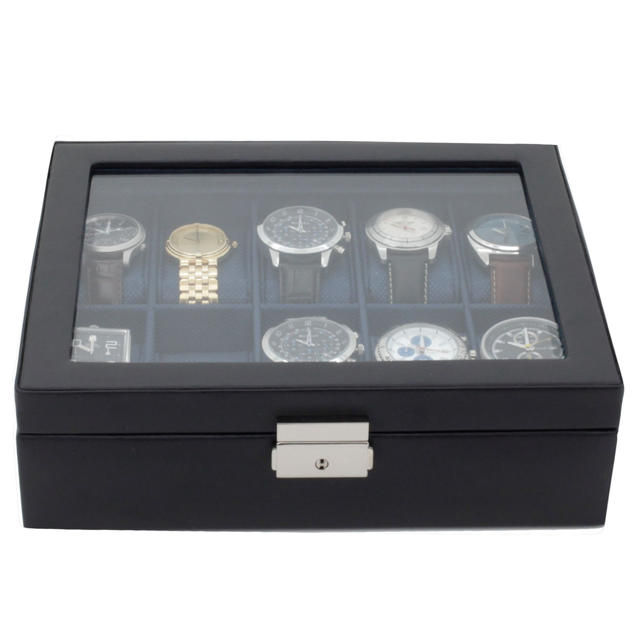 10 Slot Black Leather Watch Box Storage Display Case