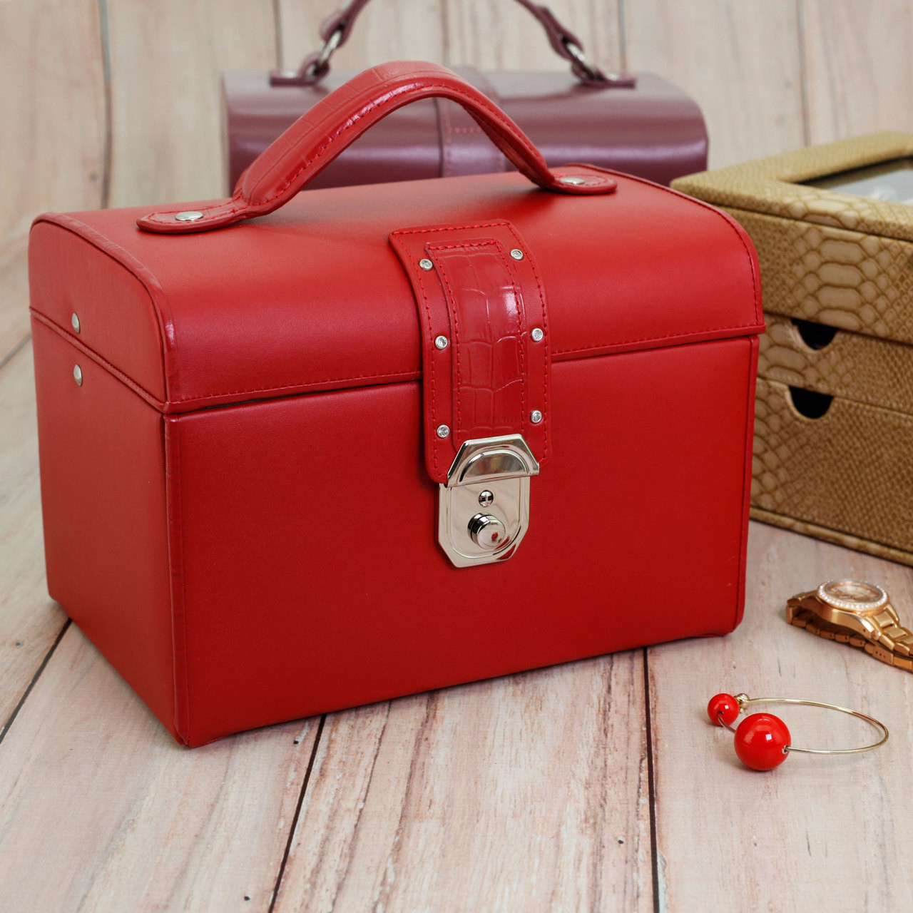Red Leather Jewelry Chest Ladies Red Jewelry Box TechSwiss Ladies