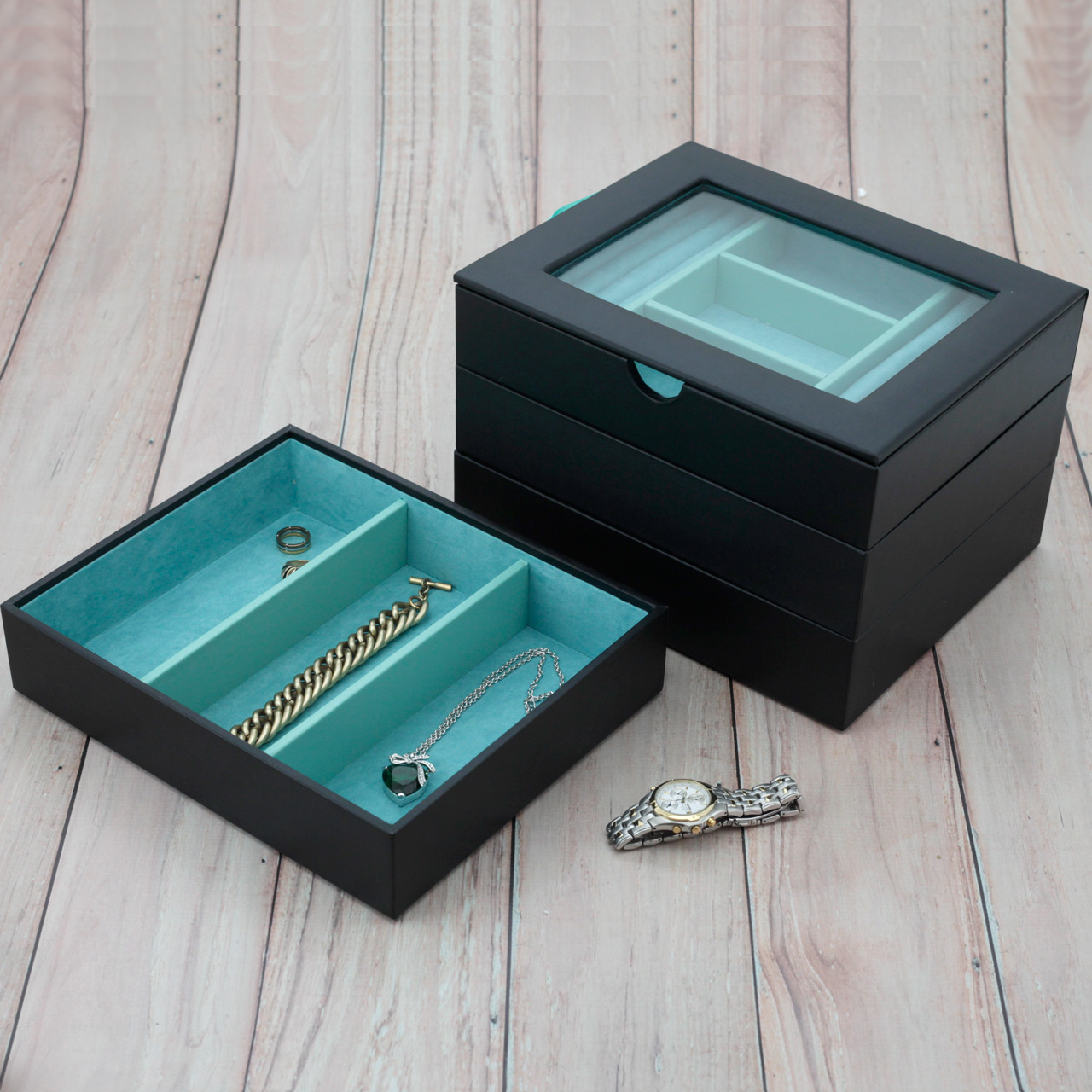 Black Stackable Jewelry Trays Jewelry Leather Trays Jewelry Organizer