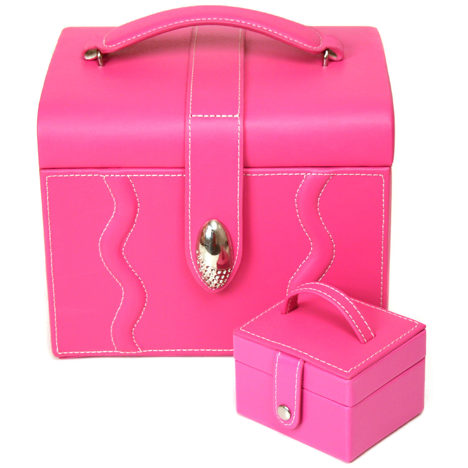 Pink Leather Large Jewelry Box with Rhinestone Buckle and Travel Case