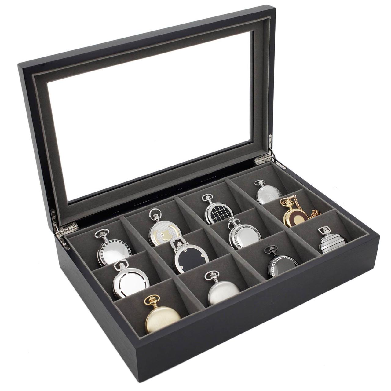 Pocket Watch Box Valet Large Compartments Black Finish See Thru Top