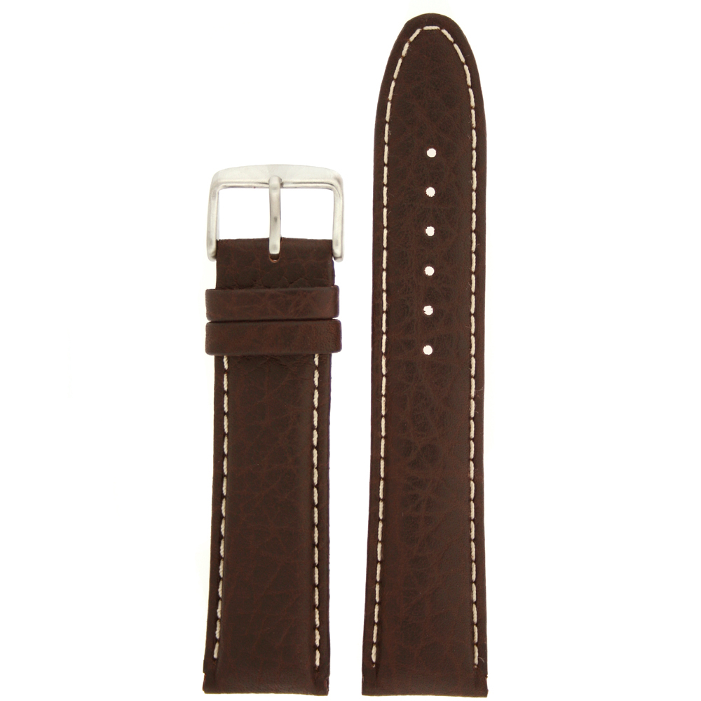 Brown Leather Watch Band with White Topstitch 18 - 24 mm