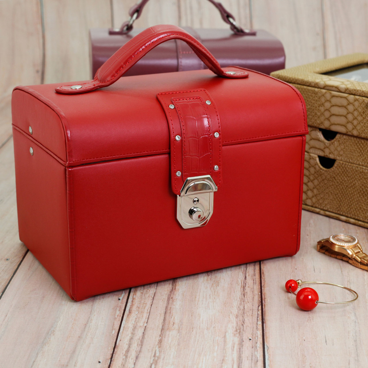 Red Leather Jewelry Chest Ladies Red Jewelry Box TechSwiss Ladies