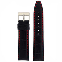 Watch Band Black Leather Crocodile Grain Red Stitching Heavy Buckle