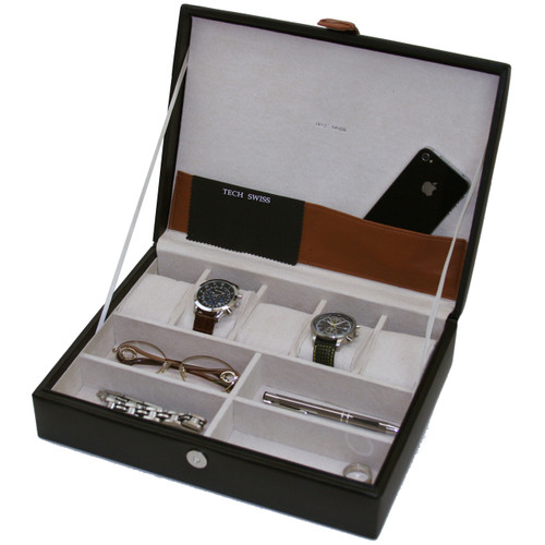 Black Leather Valet Case Watches Jewelry Glasses TechSwiss