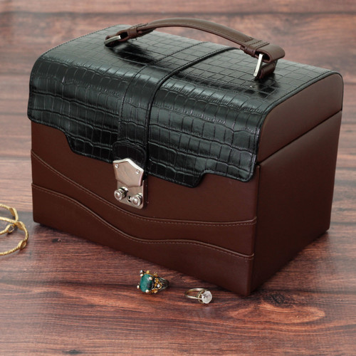 Black Crocodile Trim Jewelry Box in Brown Leather | TechSwiss