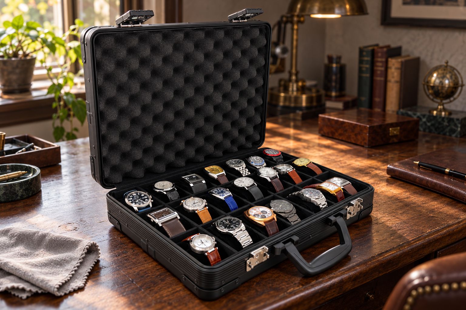 Black aluminum watch briefcase open on a desk, holding over twenty watches